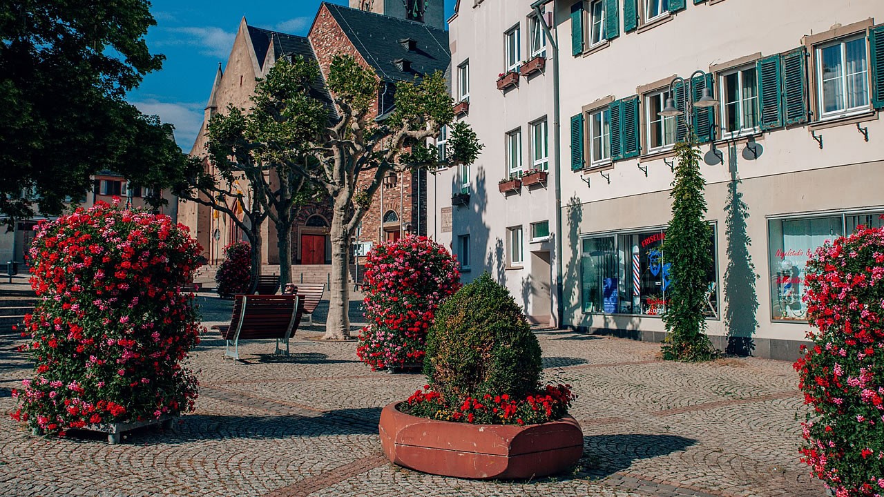 Blumenschmuck auf dem Marktplatz in Rüdesheim